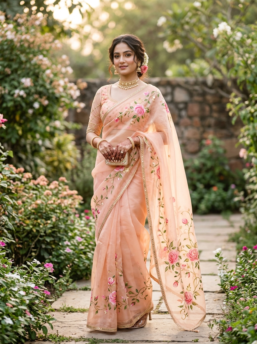 Pastel Peach Floral Organza